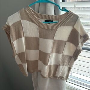 Beige and White Checkered Knit Sweater